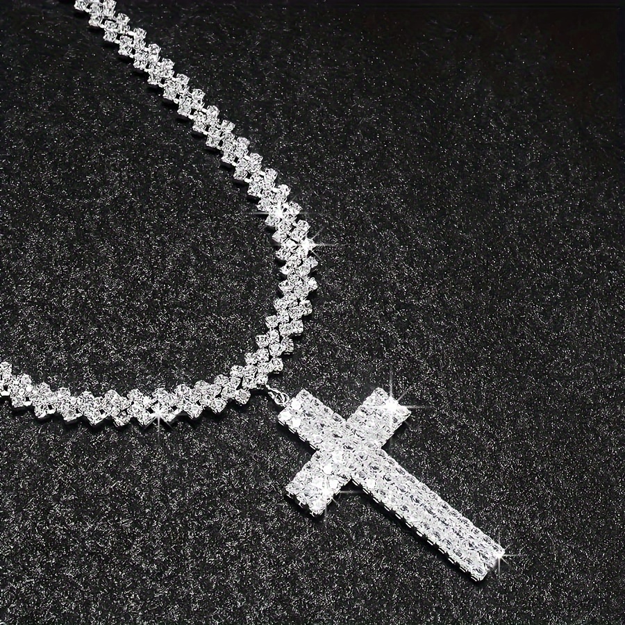 Layered Rhinestones Cross Pendants Necklace